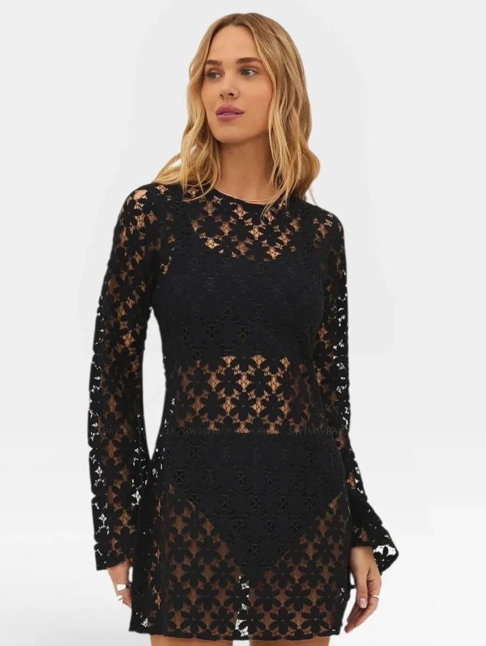 BEACH RIOT Goldie Dress Swimsuit Cover Up Cover-Up Black Lace Bell Sleeve Small